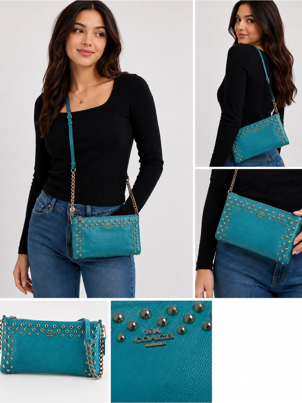 💎 Coach F53140 Leather Turquoise Gold Studded Hardware and Gold Chain Crossbody